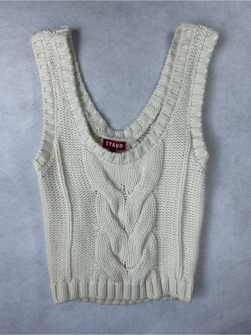 STAUD Cable Knitted Vest Ivory Cotton/Wool Blend Front Back Scoop Neck SZ Small